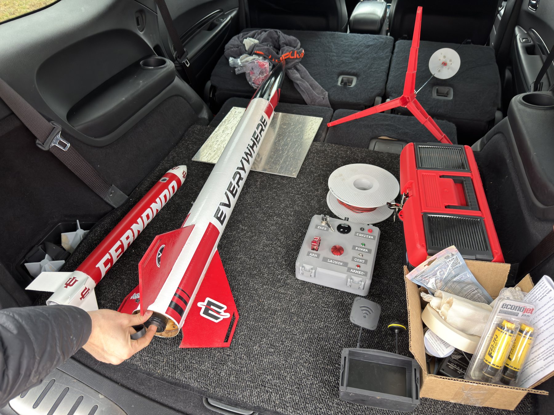 Two rockets and launch equipment prepared in a vehicle