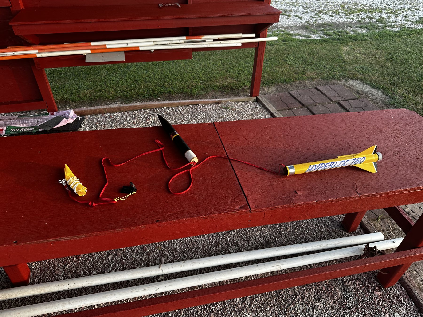 A rocket and its recovery system laid out for preparation